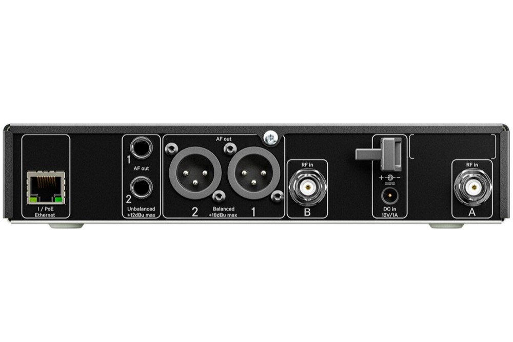 Sennheiser EW-DX EM 2 dual wireless microphone receiver with display and controls, model R1-9, in black housing.