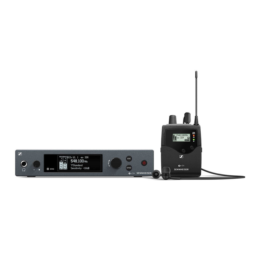 Sennheiser Evolution EW IEM G4 wireless IEM system B with microphone receiver and transmitter in black, set up for stage performance