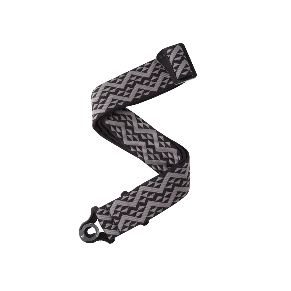 D'Addario Auto Lock padded guitar strap in black with geometric pattern, designed for comfortable, secure instrument support.