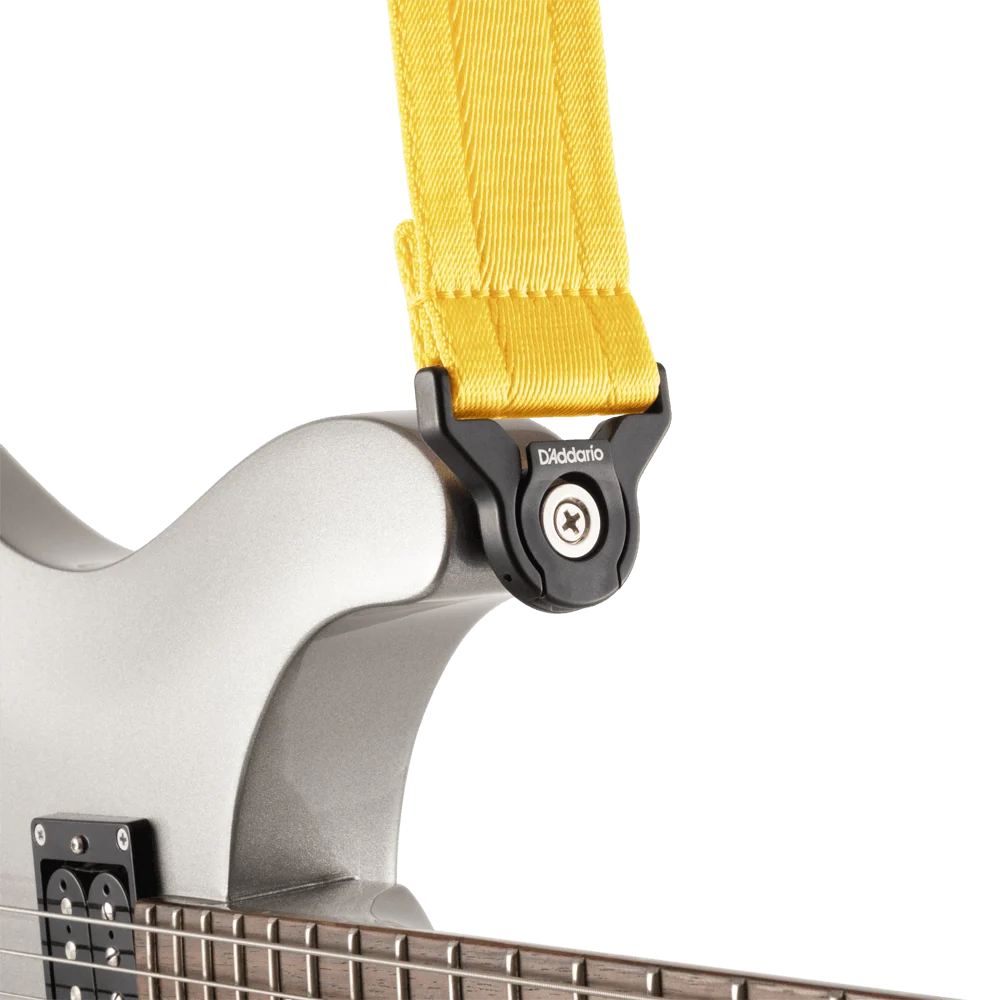 D'Addario Auto Lock Guitar Strap in Mellow Yellow, adjustable strap with automatic lock for secure guitar fitting.