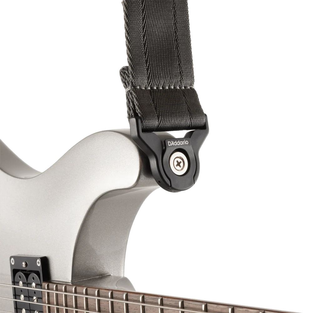 D'Addario Auto Lock guitar strap in metal grey with adjustable nylon strap and metal locking mechanism for secure fit.