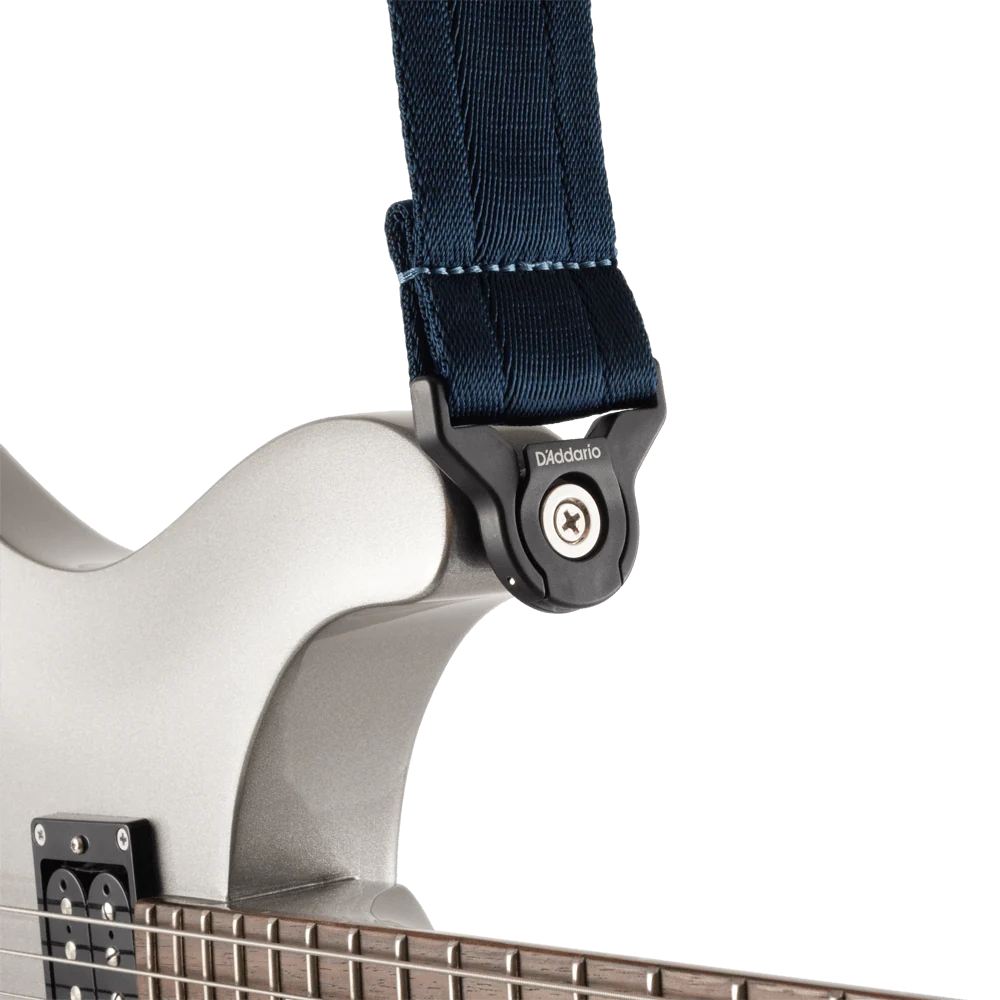 D'Addario Auto Lock Guitar Strap in Midnight color, adjustable strap with secure locking mechanism for electric or acoustic guitars.