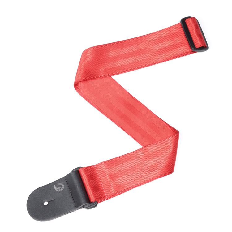Red D'Addario Planet Waves 50mm seatbelt-style guitar strap with adjustable length and comfortable padded design.