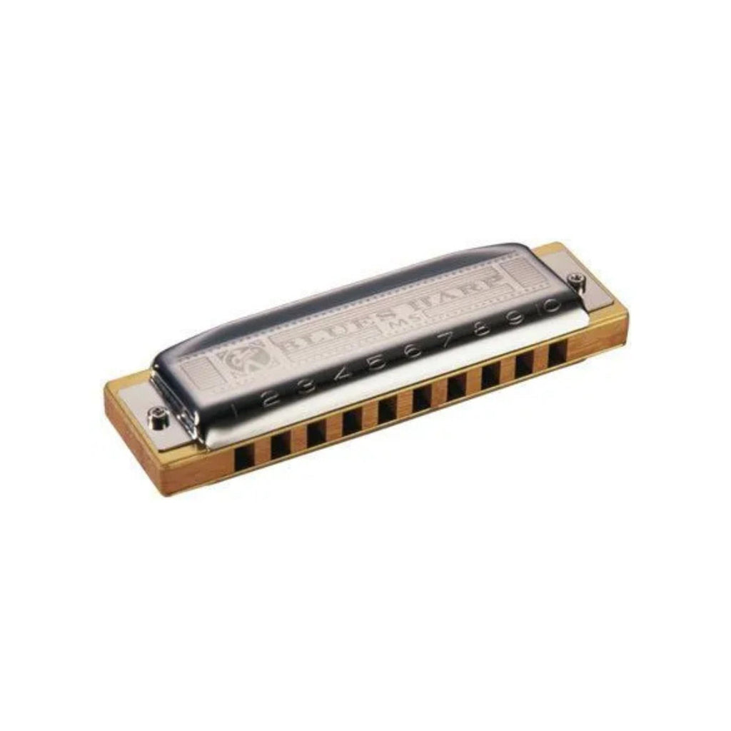 Hohner 532ABX Blues Harmonica in key Ab with silver cover plates and plastic comb, close-up view of the musical instrument.