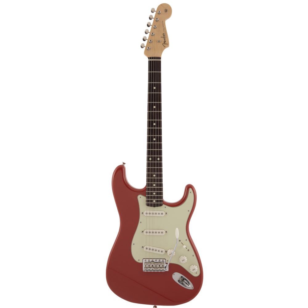 Fender MIJ Traditional '60s Stratocaster electric guitar in fiesta red with white pickguard and vintage-style control knobs.
