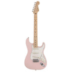 Fender MIJ Junior Jazz Bass guitar with maple fretboard in satin shell pink finish, showcasing its sleek body and dual pickups.