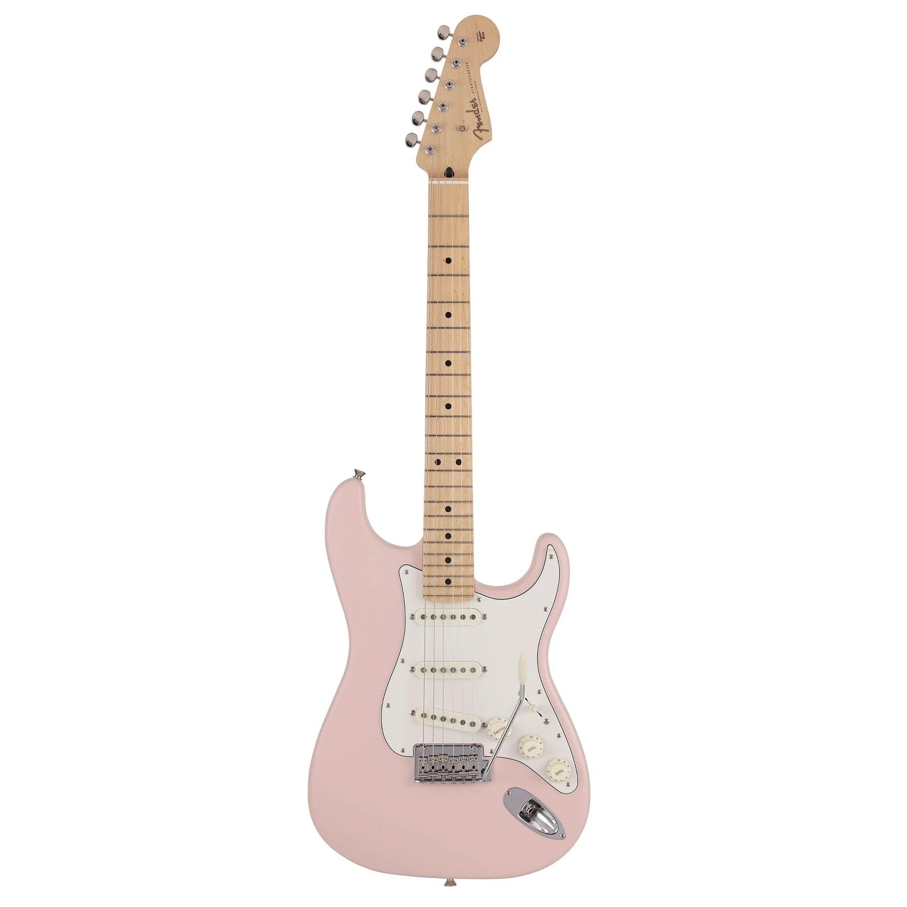 Fender MIJ Junior Jazz Bass guitar with maple fretboard in satin shell pink finish, showcasing its sleek body and dual pickups.
