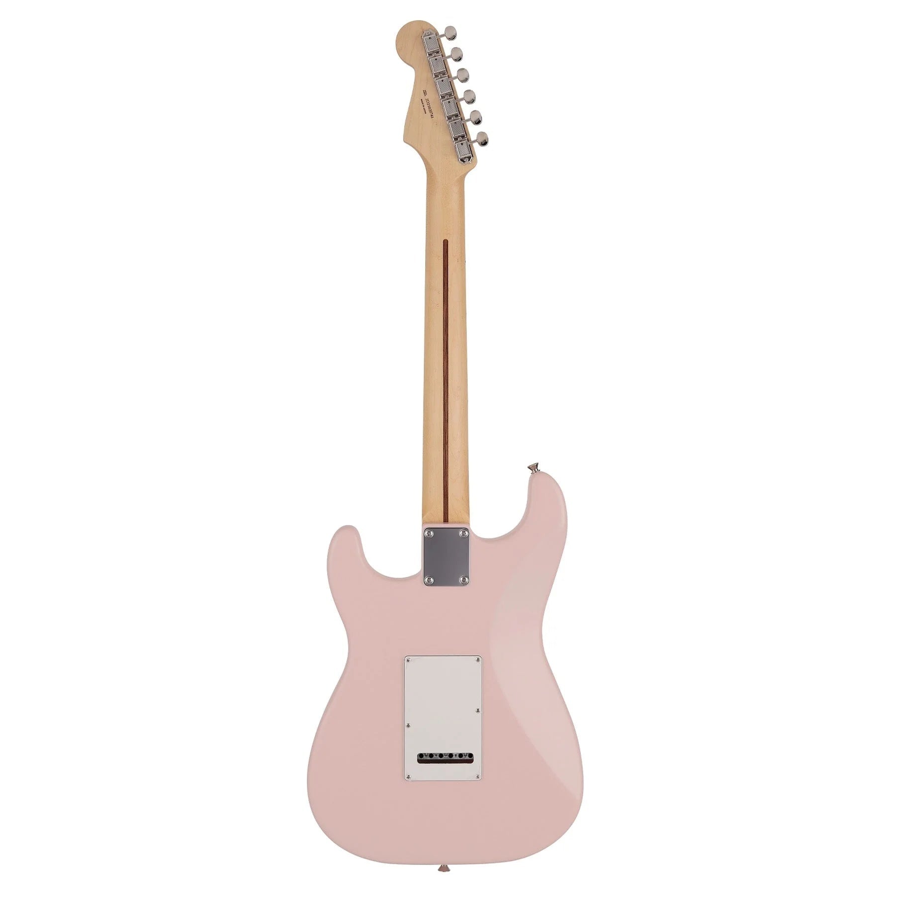 Fender MIJ Junior Jazz Bass guitar with a satin shell pink finish and maple fretboard, showcasing its sleek body and four-string setup.