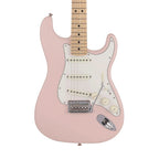Fender MIJ Junior Jazz Bass guitar with maple fretboard in satin shell pink finish, showcasing its sleek body and four-string design.