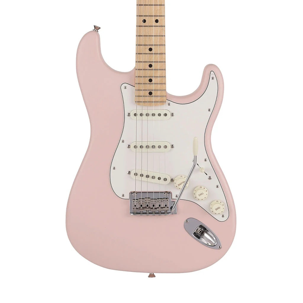 Fender MIJ Junior Jazz Bass guitar with maple fretboard in satin shell pink finish, showcasing its sleek body and four-string design.