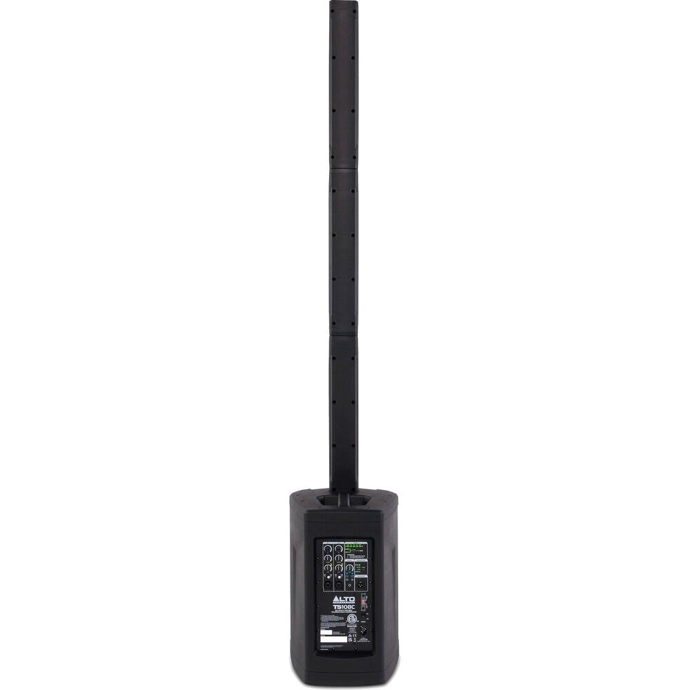 Alto TS108C portable column array PA speaker with DSP technology and Bluetooth connectivity, shown with multiple speakers and controls.