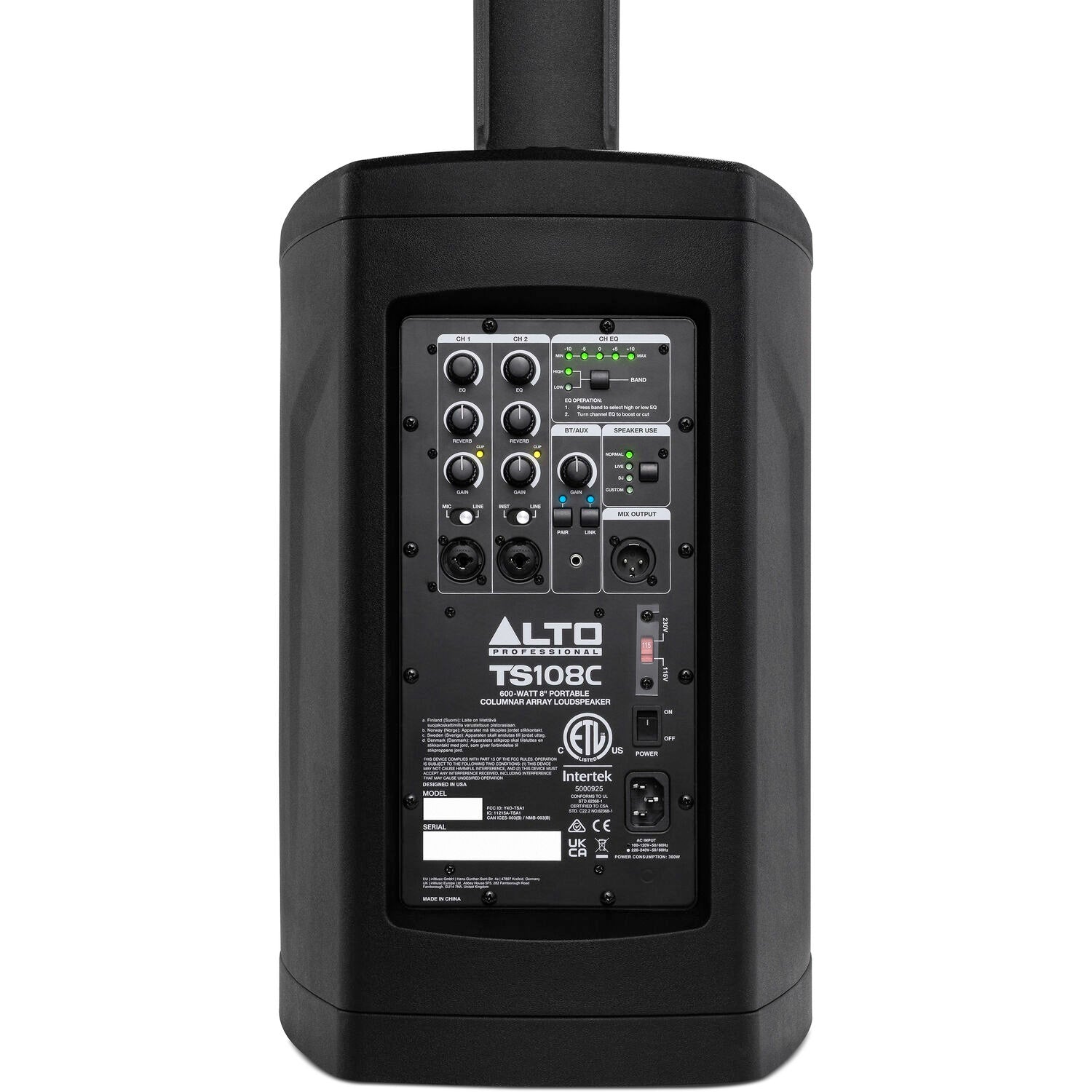 Alto TS108C portable column array PA speaker with DSP and Bluetooth connectivity, featuring sleek vertical design and multiple speaker drivers.