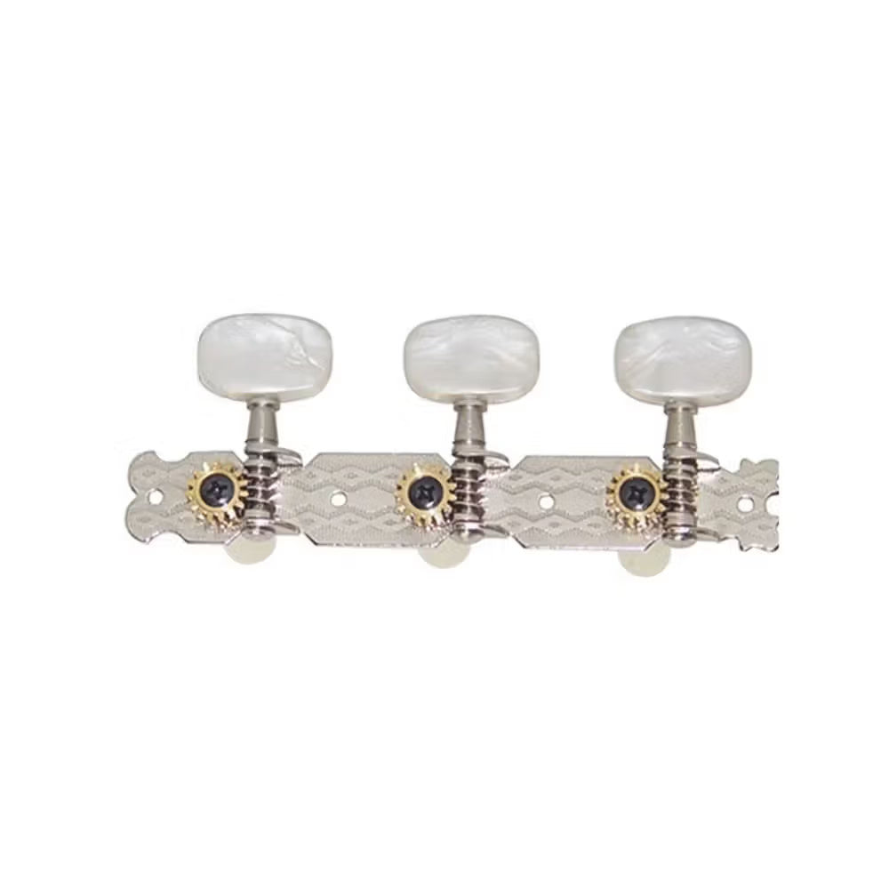 Nickel-plated Dr. Parts 601 Classical Guitar Machine Heads, 35mm tuning pegs, shown on a guitar headstock.
