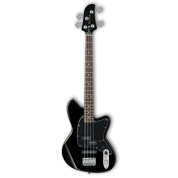 Ibanez TMB30 Talman black bass guitar with four strings, body and neck details, and control knobs visible in the image.
