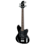Ibanez TMB30 Talman black bass guitar with four strings, body and neck details, and control knobs visible in the image.