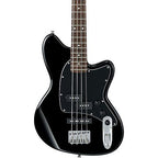 Black Ibanez TMB30 Talman bass guitar with four strings and chrome hardware, shown from a front angle.