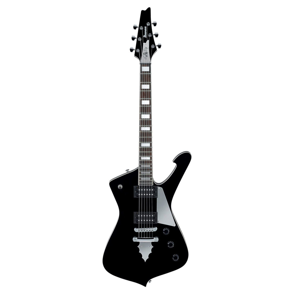 Ibanez PS60 electric guitar in black with sleek body and six strings, showcasing its design and hardware details.