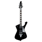 Ibanez PS60 electric guitar in black with sleek body and six strings, showcasing its design and hardware details.