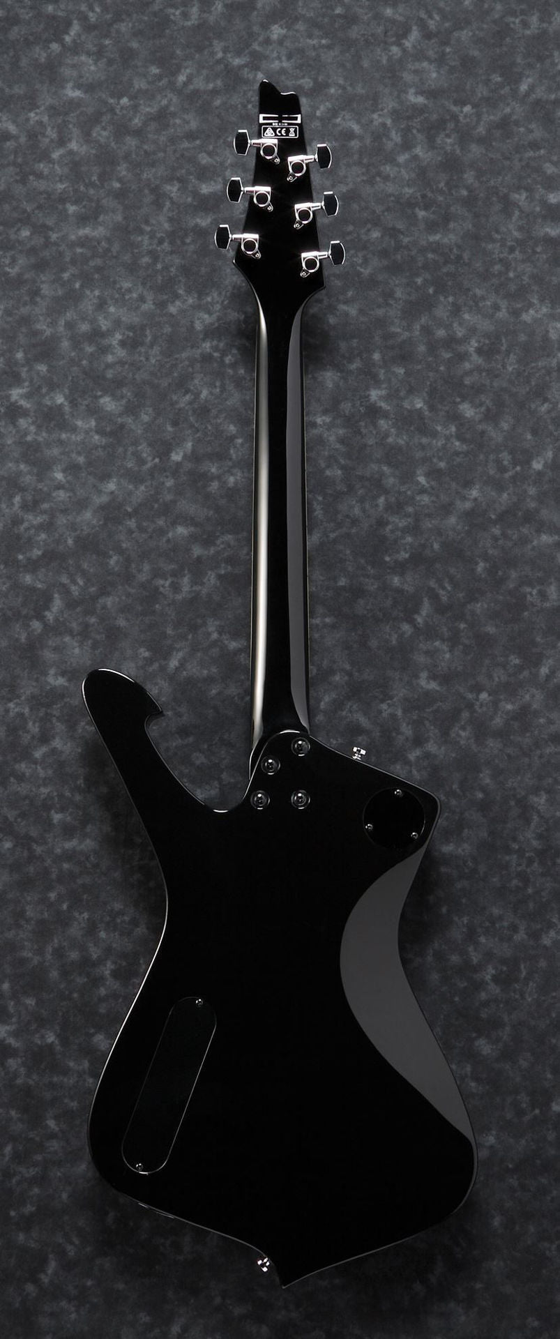 Black Ibanez PS60 electric guitar with double-cut body and six strings, showcasing the sleek design and control knobs.