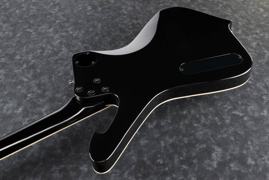 Black Ibanez PS60 electric guitar with a sleek body, six strings, and modern hardware, perfect for rock and metal music.