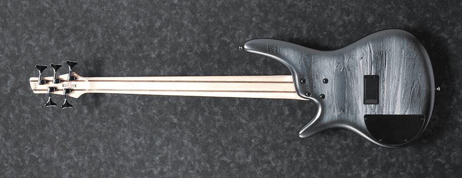 Ibanez SR305EB WK Weathered Black bass guitar with sleek body and four strings, showcasing its modern design and high-quality finish.