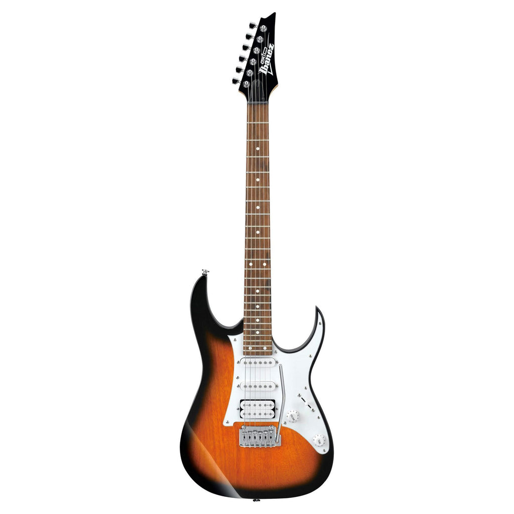 Ibanez GRG140 electric guitar in sunburst finish, featuring a sleek body, six strings, and chrome hardware.