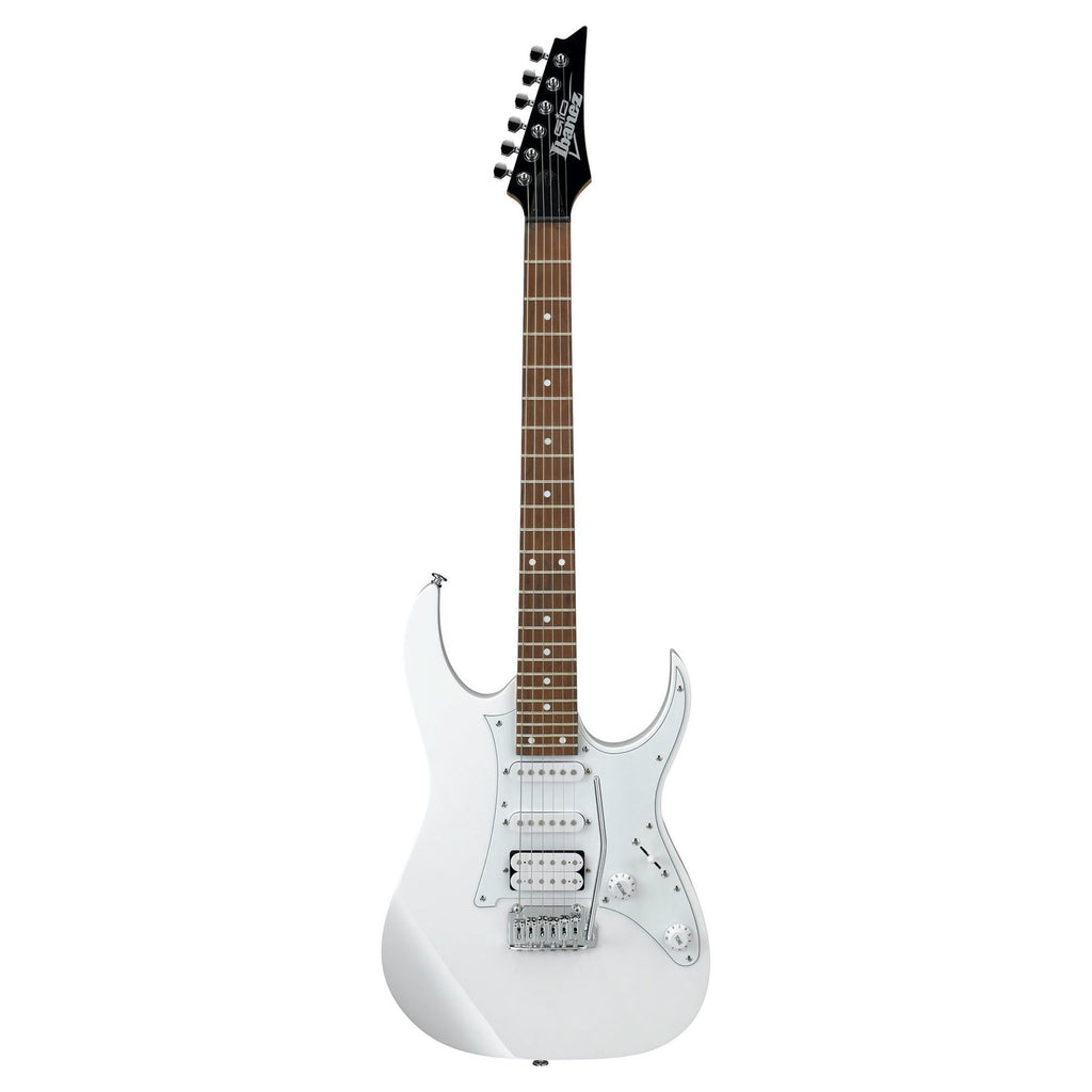 White Ibanez GRG140 electric guitar with a sleek body and six strings, showcasing its modern design and detailed hardware.