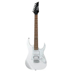 White Ibanez GRG140 electric guitar with a sleek body and six strings, showcasing its modern design and detailed hardware.