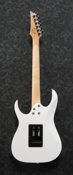 Ibanez GRG140 electric guitar in white with a sleek body and six strings, showcasing its modern design and hardware details.