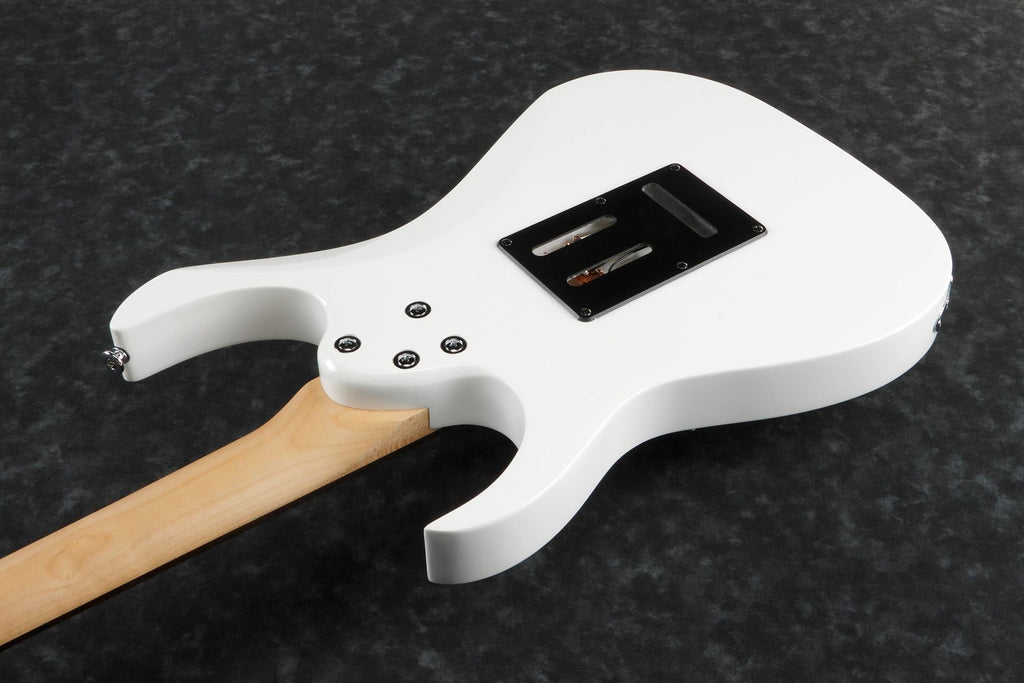 Ibanez GRG140 white electric guitar with a solid body, maple neck, and six-string design, suitable for versatile music styles.