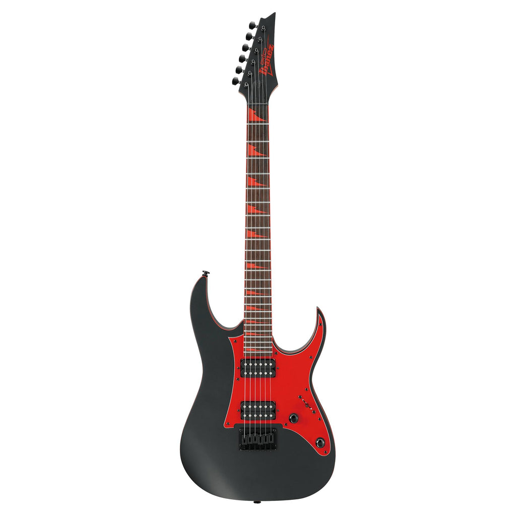 Ibanez RG131DX electric guitar in black flat finish, showing the sleek body, pickups, and tuning pegs on a stand.