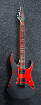 Black flat Ibanez RG131DX electric guitar with sleek body and six strings, showcasing its modern design and hardware.