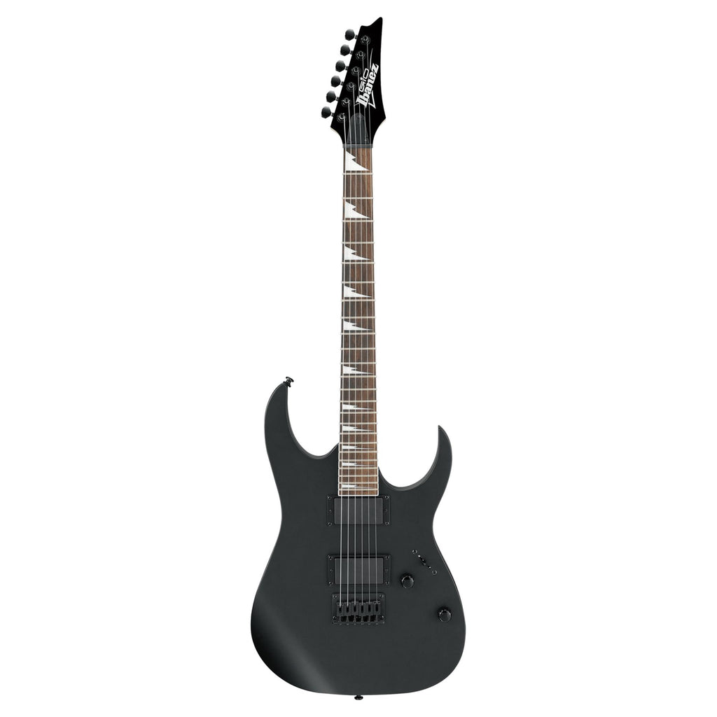 Ibanez RG121DX BKF electric guitar in black flat finish with double-cutaway body and six-string design.