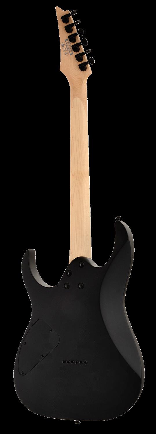Ibanez RG121DX BKF electric guitar in black flat finish with double-cut body and six strings, designed for rock and metal music.