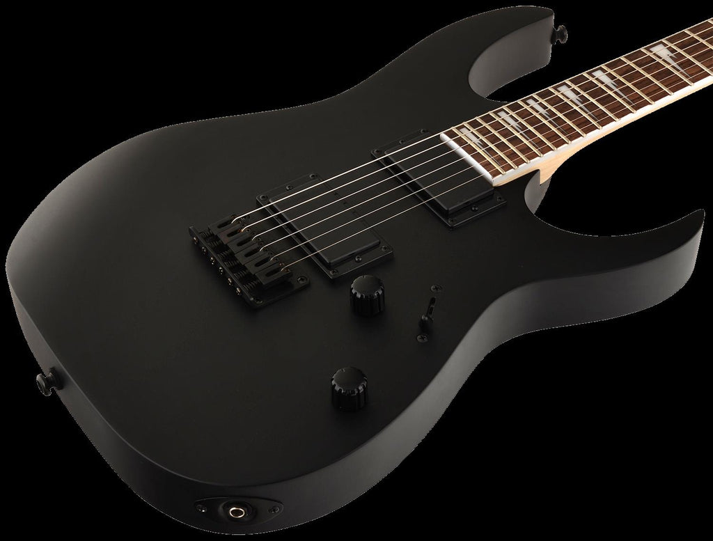 Ibanez RG121DX BKF electric guitar with black flat finish, featuring a sleek body and six strings, suitable for rock and metal music.