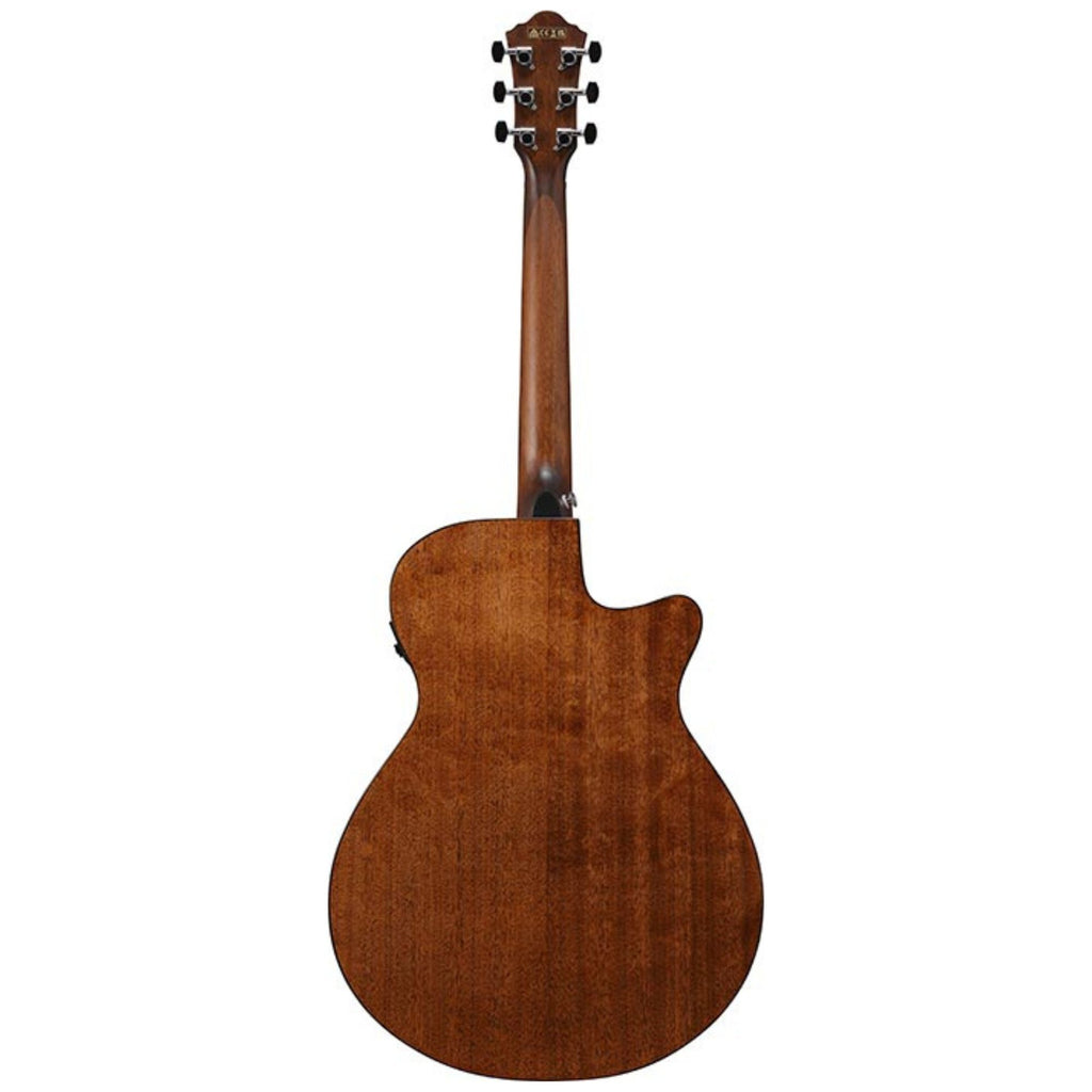 Left-handed Ibanez AEG50L BKH black high gloss acoustic guitar, showcasing its sleek body and detailed fretboard.