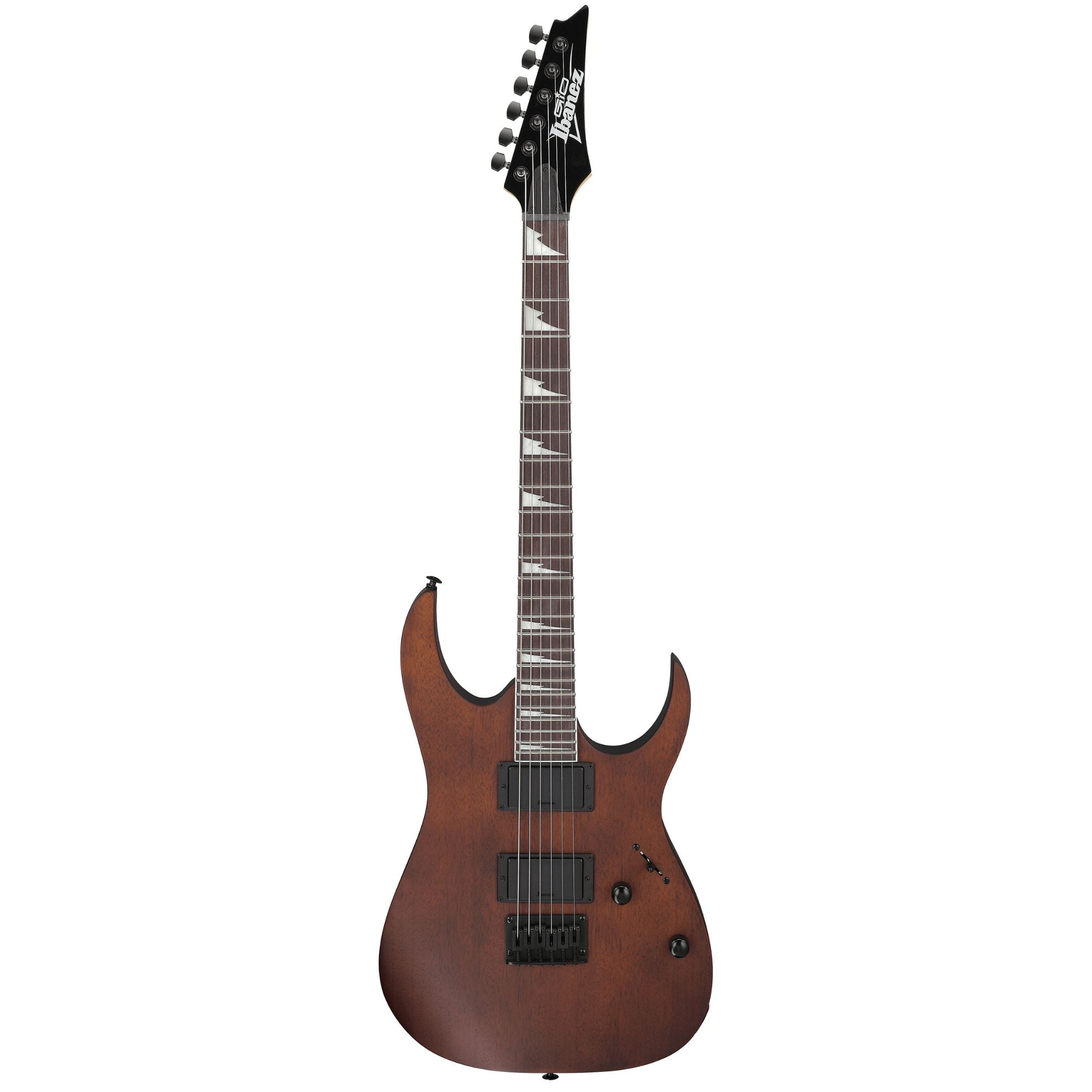 Ibanez RG121DX Gio electric guitar in Walnut Flat finish, showcasing its sleek body and six-string setup.