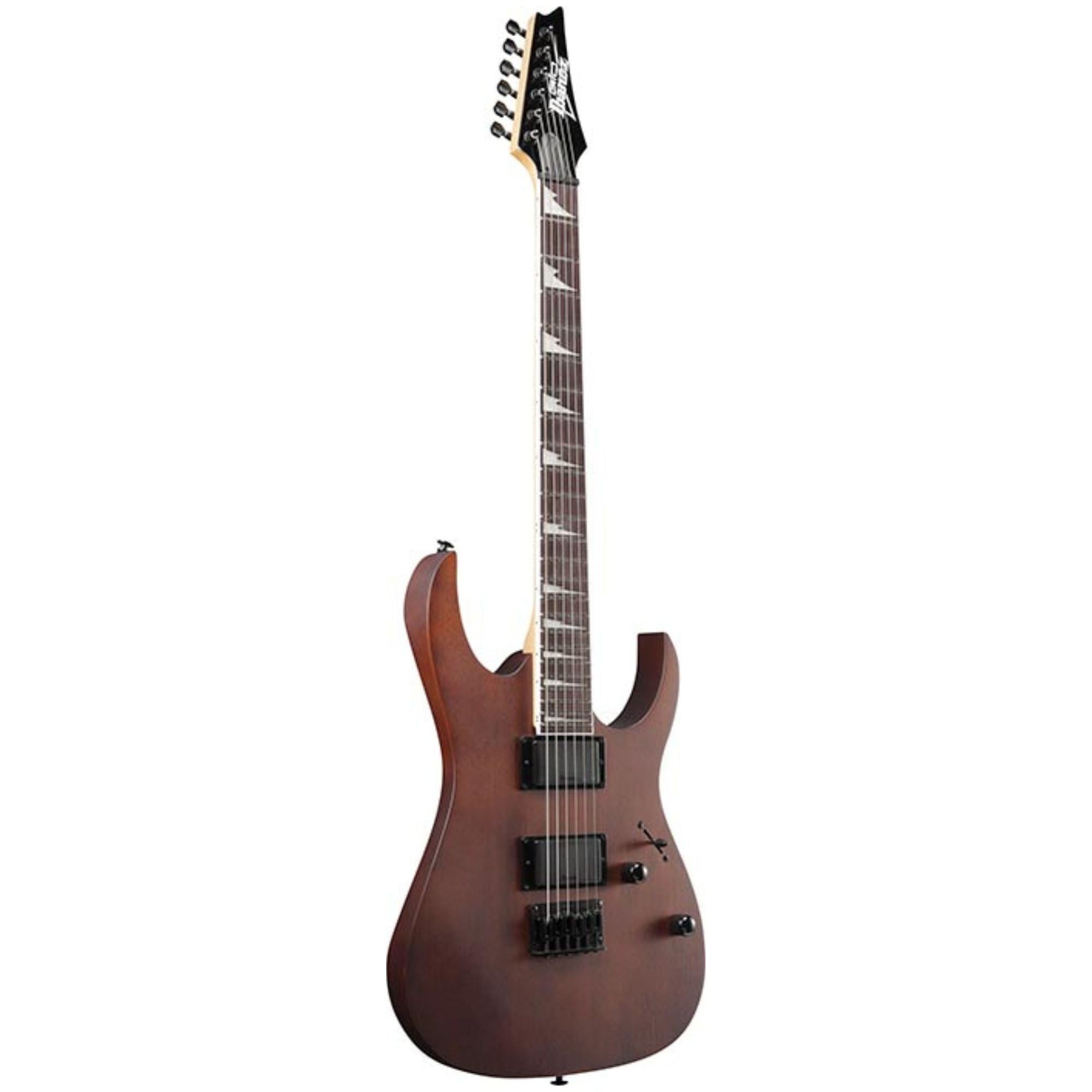 Ibanez RG121DX Gio electric guitar in walnut flat finish, featuring a sleek body, six strings, and detailed hardware.