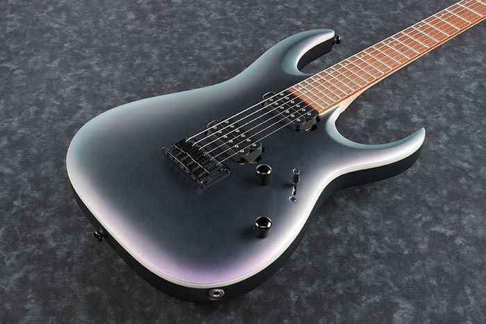 Ibanez RGA42EX-BAM electric guitar in black Aurora burst matte finish, with sleek body and six-string neck.