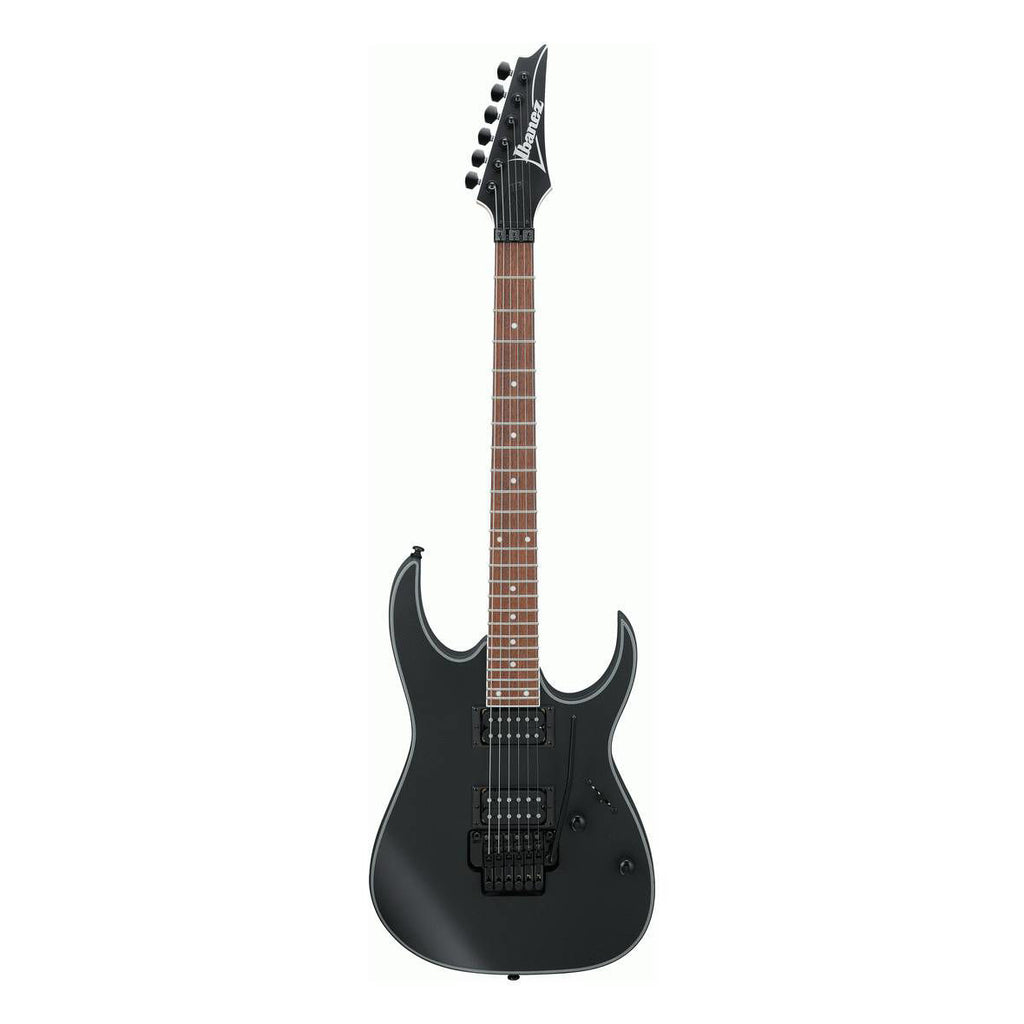 Ibanez RG320EXZ electric guitar in black flat finish with sleek body and six strings, showcasing its detailed design and hardware.