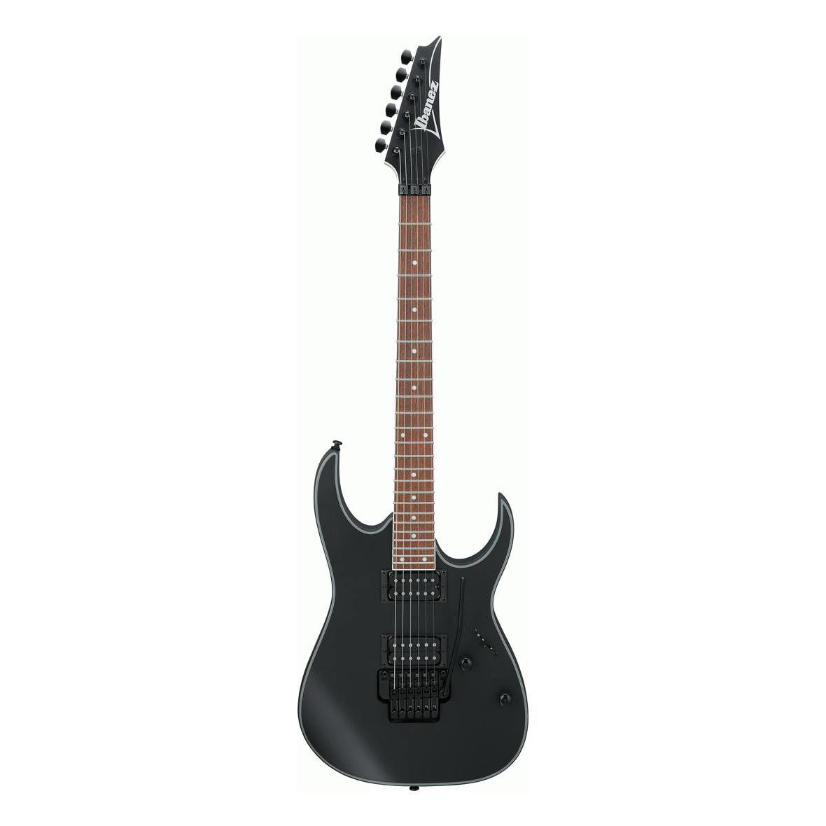 Ibanez RG320EXZ electric guitar in black flat finish with sleek body and six strings, showcasing its detailed design and hardware.
