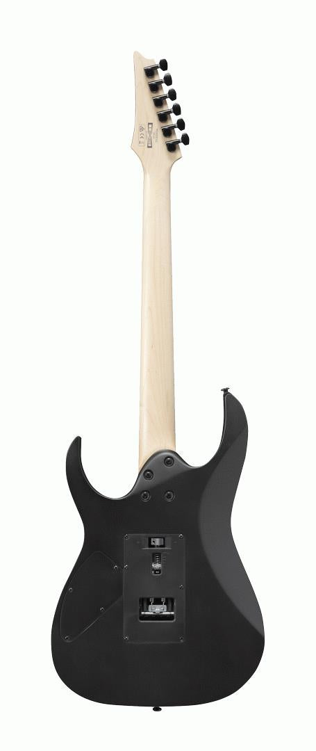 Ibanez RG320EXZ electric guitar in black flat finish, showcasing its sleek body, double cutaway design, and modern hardware.