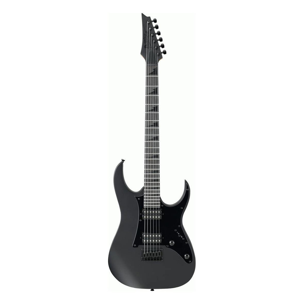 Ibanez RGR131EX electric guitar in black flat finish with sleek body and six strings, showcasing its modern design and hardware.