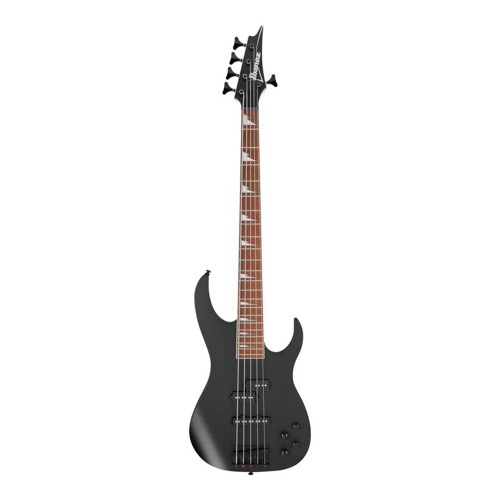 Black flat Ibanez RGB305 5-string bass guitar with sleek design and four control knobs, showcasing the instrument's body and hardware.