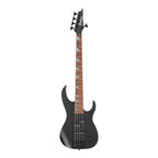 Black flat Ibanez RGB305 5-string bass guitar with sleek design and four control knobs, showcasing the instrument's body and hardware.