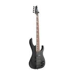 Black flat Ibanez RGB305 5-string bass guitar with sleek finish and modern design, featuring four control knobs and a sturdy neck.