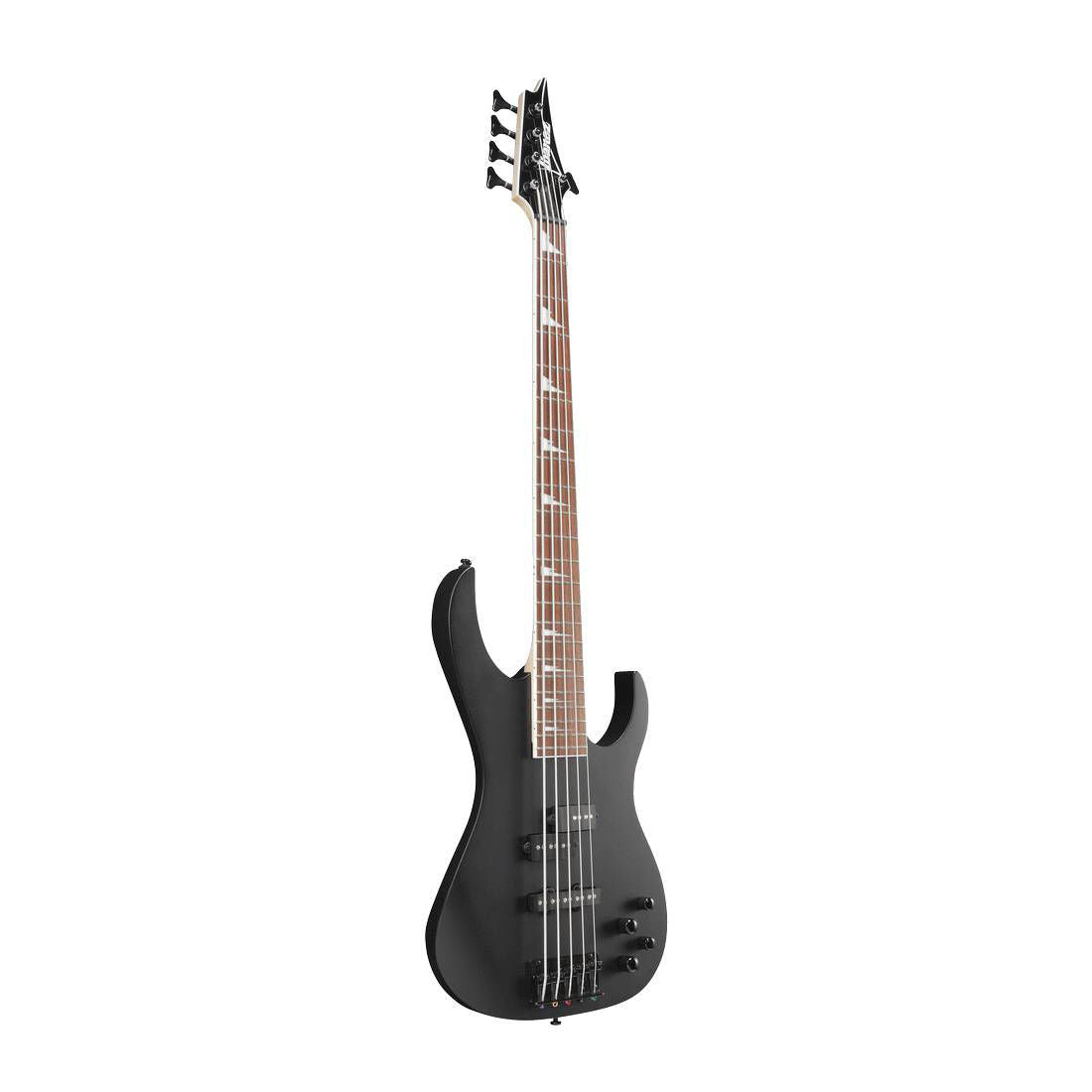 Black flat Ibanez RGB305 5-string bass guitar with sleek finish and modern design, featuring four control knobs and a sturdy neck.