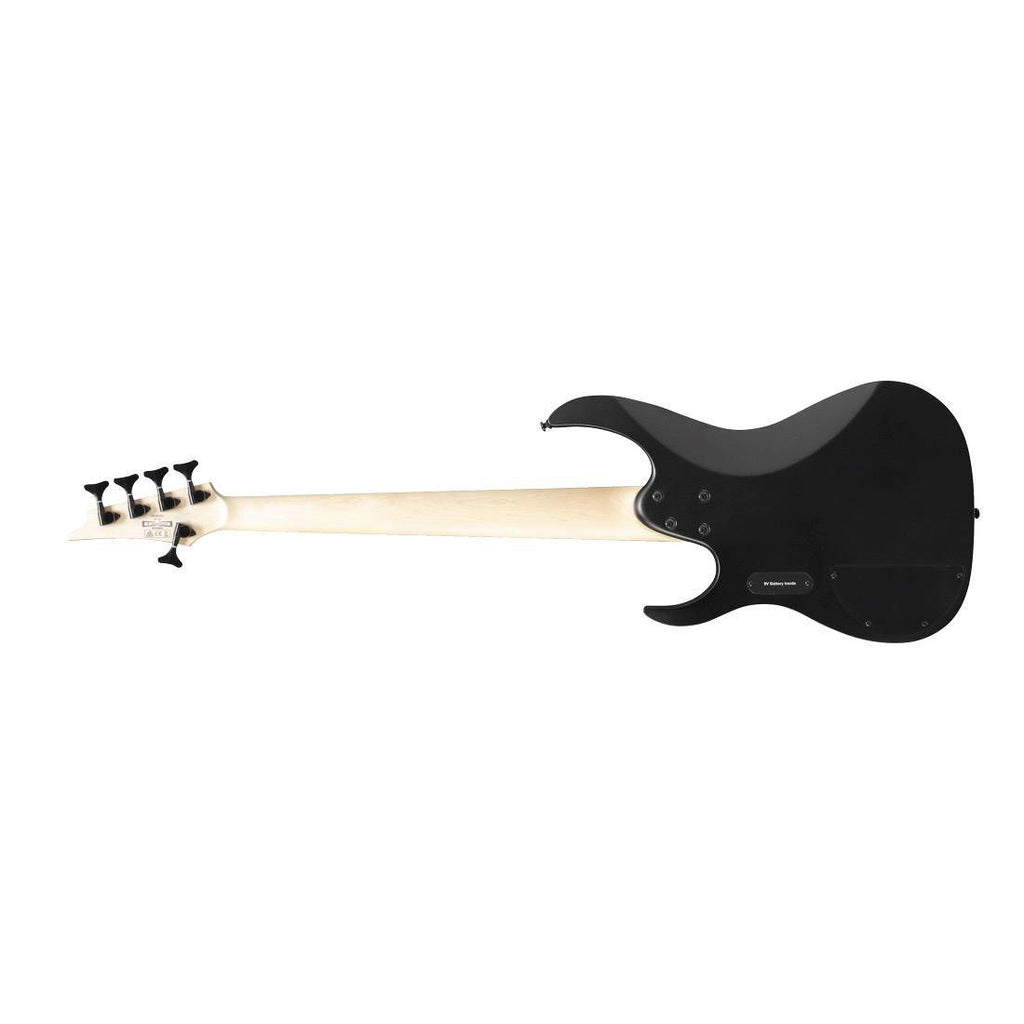 Black flat Ibanez RGB305 5-string bass guitar with sleek body and four control knobs, showing the instrument's headstock and fretboard.