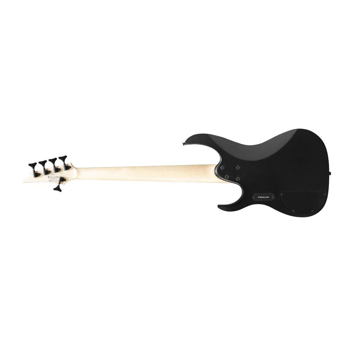 Black flat Ibanez RGB305 5-string bass guitar with sleek body and four control knobs, showing the instrument's headstock and fretboard.