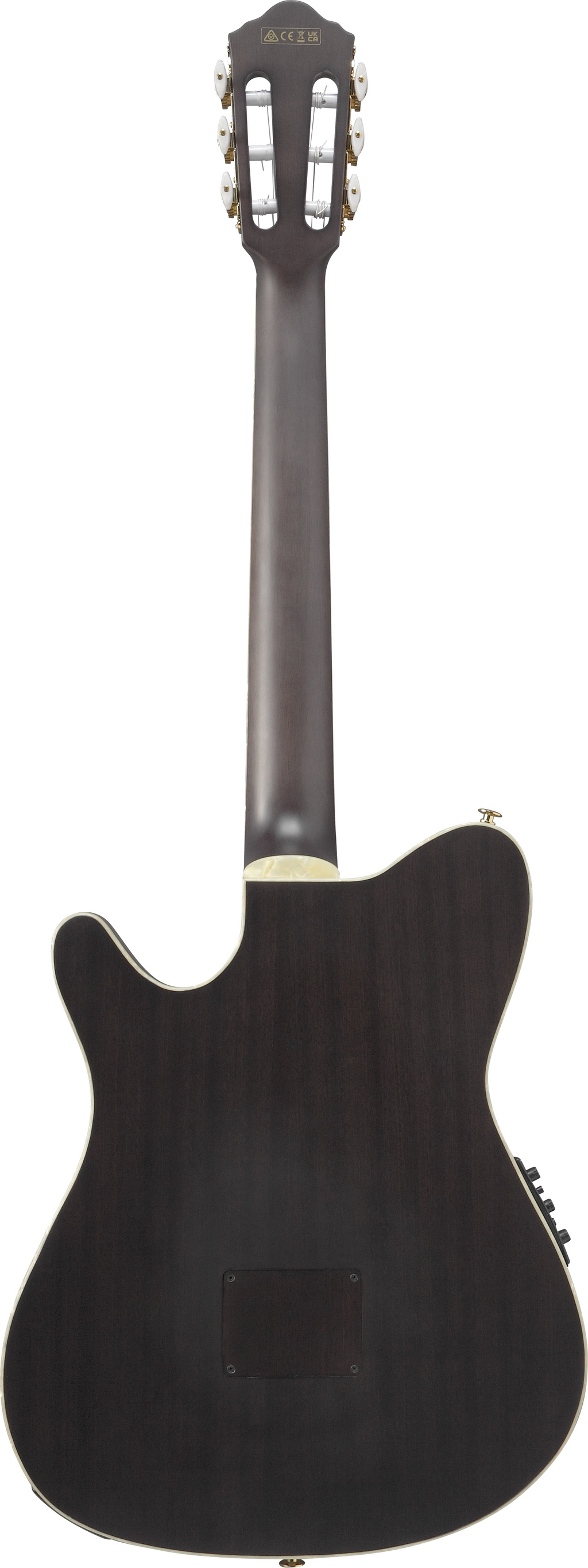 Ibanez Tim Henson TOD10N signature classical electric guitar with a sleek black finish and nylon strings, shown from a front angle.